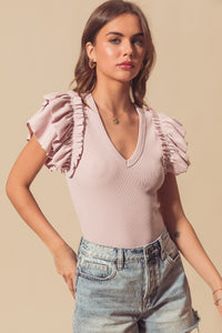 DEEP V-NECK RIB KNIT BODYSUIT IN MAUVE