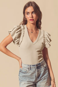 DEEP V-NECK RIB KNIT BODYSUIT IN OATMEAL