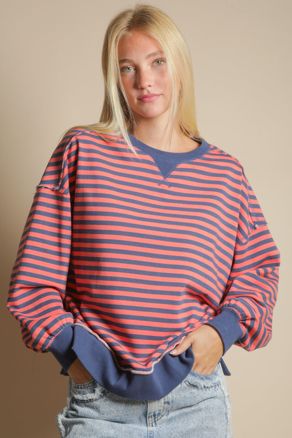 STRIPE OVERSIZED CORAL/NAVY TOP