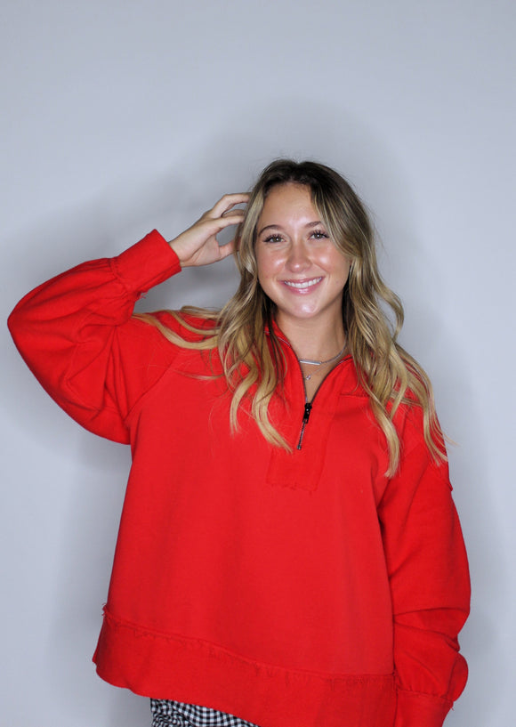 RED TERRY ZIP PULLOVER