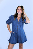COLLARED PUFF SLEEVE DENIM ROMPER