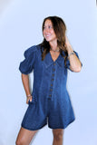 COLLARED PUFF SLEEVE DENIM ROMPER