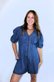 COLLARED PUFF SLEEVE DENIM ROMPER