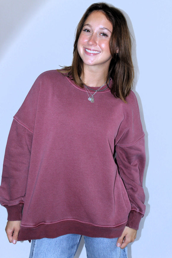 FLEECE PULLOVER WITH POCKETS IN CABERNET