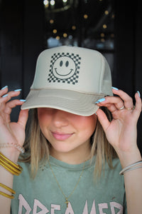 KHAKI WITH CHECKERED SMILEY TRUCKER HAT