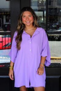 BUTTON UP OVERSIZED ROMPER IN LAVENDER