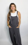 THE OVERALL WIDE LEG JUMPSUIT IN CHARCOAL