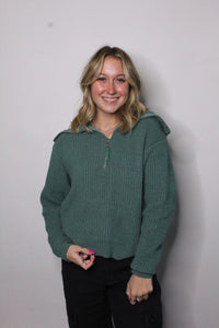 PLUSH HALF ZIP PULLOVER SWEATER - WINTER GREEN