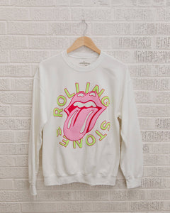 Rolling Stones Neon Puff Lick White Thrifted Sweatshirt